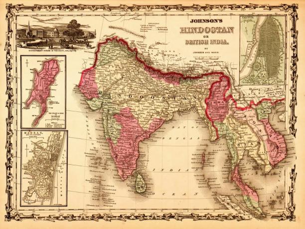 Um mapa de 1862 mostrava posses britânicas no hindi, ou na Índia.