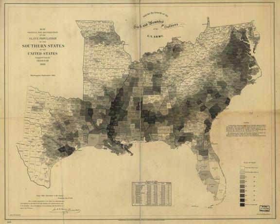 A porcentagem de escravos na população em cada condado dos estados escravistas em 1860.