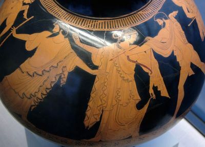 Idas e Marpessa são separadas por Zeus. Psykter em figura vermelha no sótão, c. 480 a.C., pelo pintor Pan.