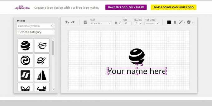 Captura de tela do espaço de design LogoGarden do criador de logotipo gratuito