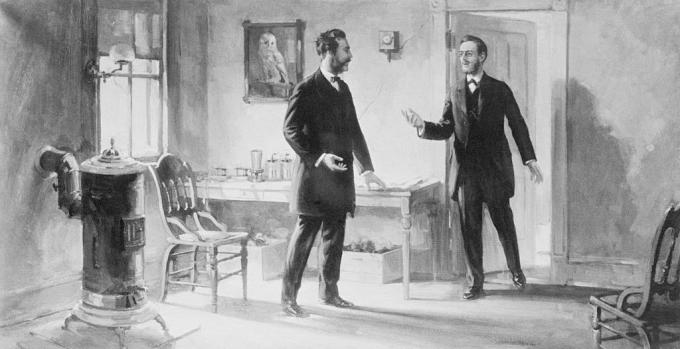 Alexander Graham Bell e Thomas Watson trabalhando juntos em Boston em 1887.