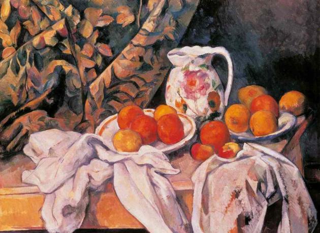 Cézanne ainda vida com cortina e jarro