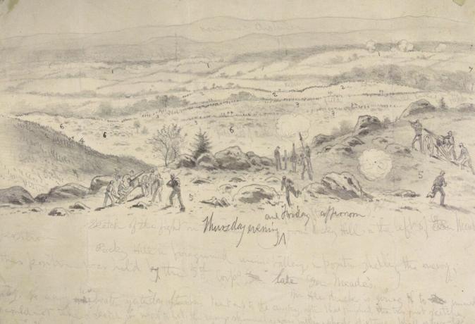 Posições da União em Little Round Top retratadas em esboço de guerra pelo artista Edwin Forbes