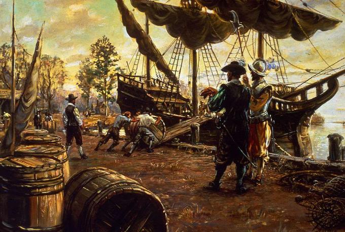 Colonizadores rolam barris de tabaco por uma rampa e em um navio em preparação para exportação, Jamestown, Virginia, 1615.