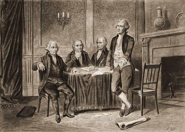 Ilustração de quatro dos fundadores dos Estados Unidos, a partir da esquerda, John Adams, Robert Morris, Alexander Hamilton e Thomas Jefferson, 1774.