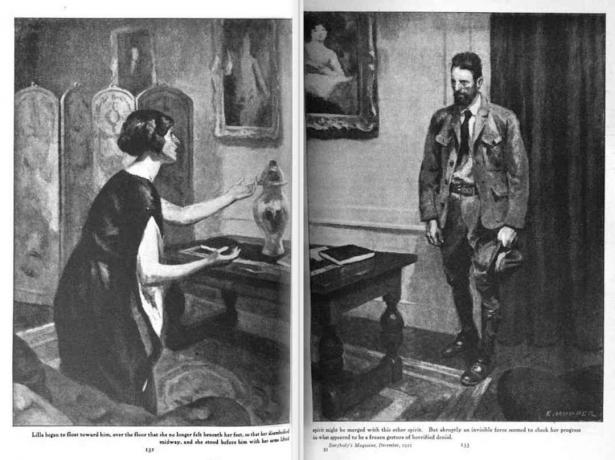 Ilustração a preto e branco de uma mulher ajoelhada e um soldado com cabeça curvada.