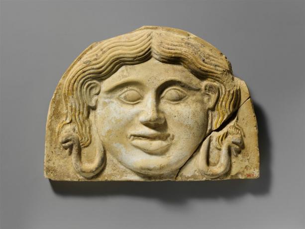 Clássica grega em terracota gorgoneion antefix (telha), 2ª metade do 5º c aC