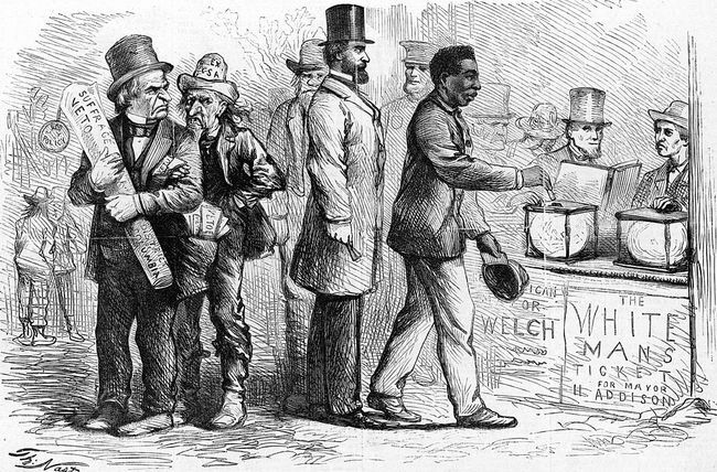 Março de 1867, Harper's Weekly cartoon político pelo cartunista americano Thomas Nast, retratando um afro-americano homem depositando seu voto em uma urna durante a eleição de Georgetown enquanto Andrew Jackson e outros observam com raiva.