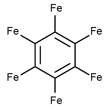 Um anel de benzeno com átomos de ferro.