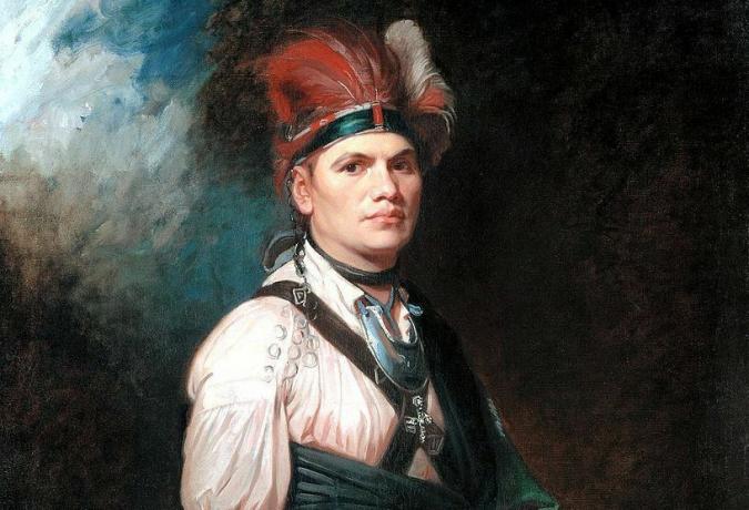 Joseph Brant em vestido nativo americano com touca
