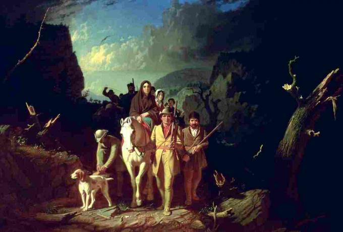 Pintura em cores dos principais colonos de Daniel Boone na Wilderness Road.