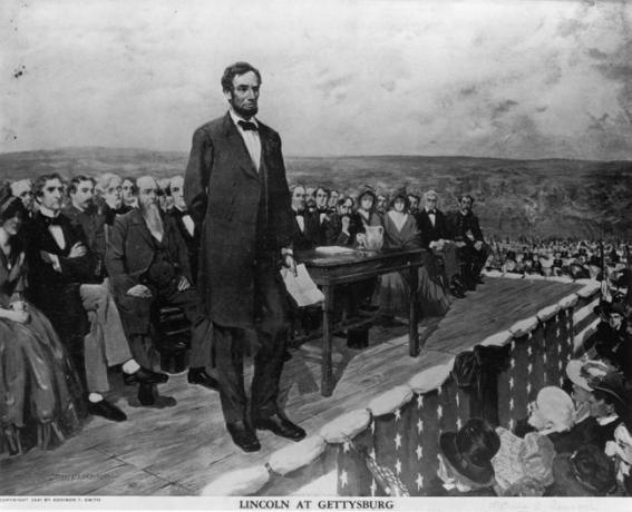 Abraham Lincoln, o 16º Presidente dos Estados Unidos da América, fazendo seu famoso discurso do 'Discurso de Gettysburg', em 19 de novembro de 1863.