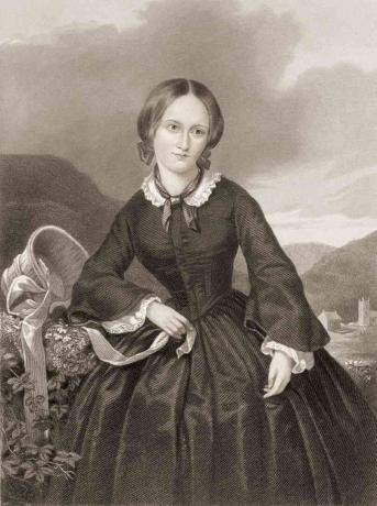 Gravura de Charlotte Bronte em um vestido preto