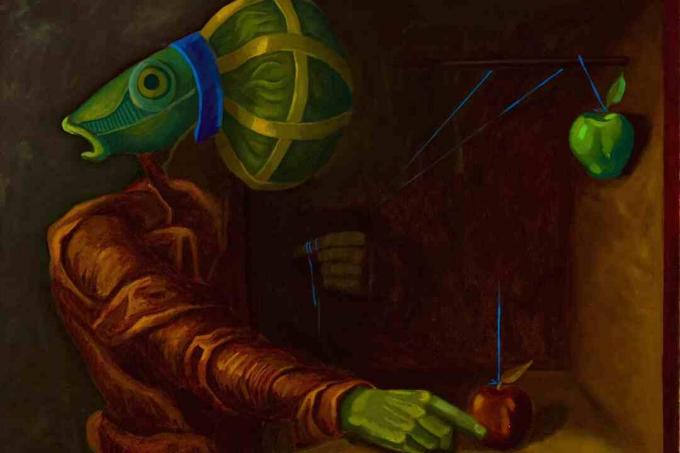 Pintura de um mago com cabeça de peixe