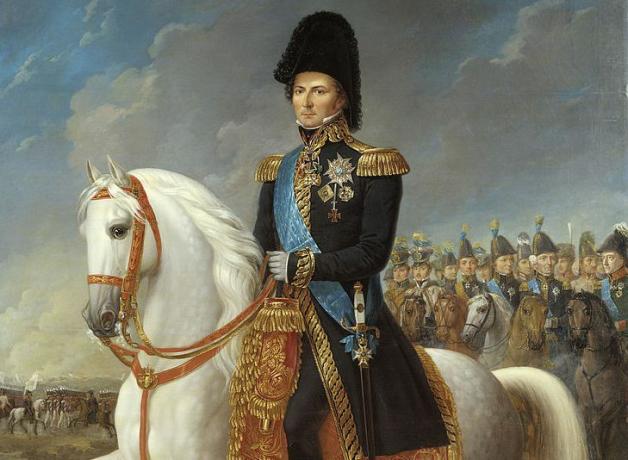 Pintura do príncipe herdeiro Charles John em um uniforme militar no topo de um cavalo.