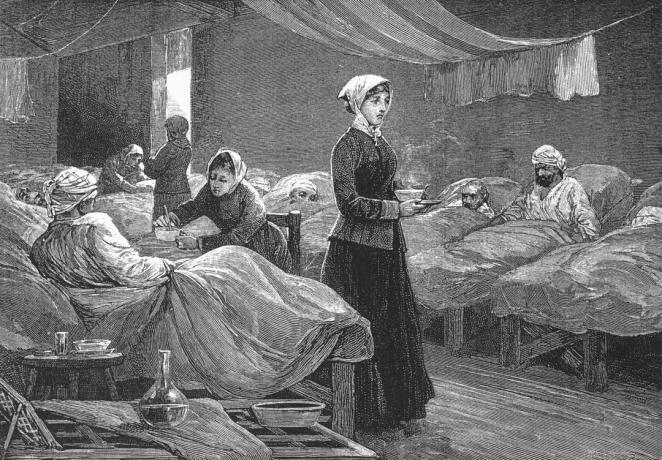 Miss Nightingale no hospital Barrack em Scutari, c.1880 (gravura em madeira)