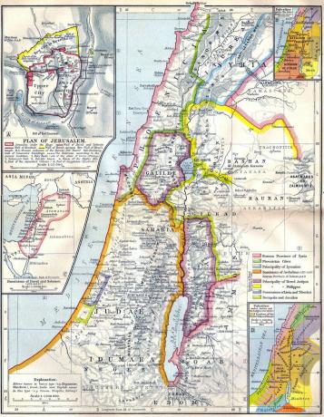 Mapa da antiga Palestina com inserções mostrando Jerusalém e os domínios de Davi, Salomão, Josué e os juízes