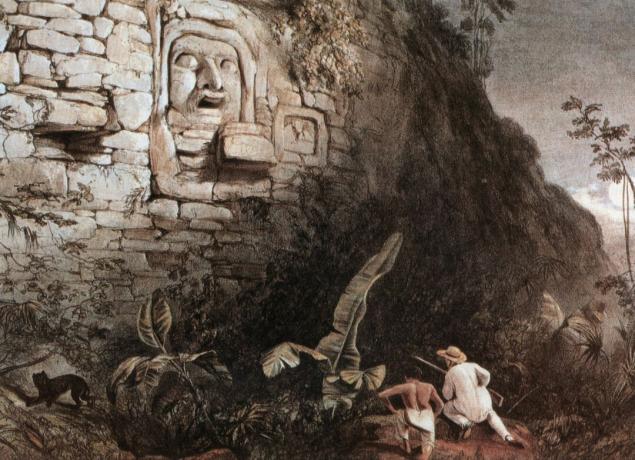 Escultura Maia de Itzamna, litografia de Frederick Catherwood em 1841: é a única imagem dessa máscara de estuque (2m de altura). cena de caça: caçador branco e seu guia de caça felino