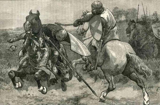 Robert, o Bruce, golpeia Henry de Bohun na cabeça com um machado.