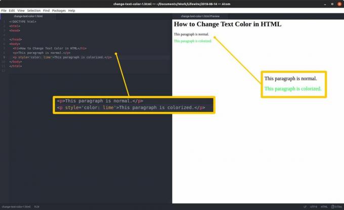 Editor de código com HTML e seções destacadas à esquerda e uma visualização de HTML e resultados destacados à direita