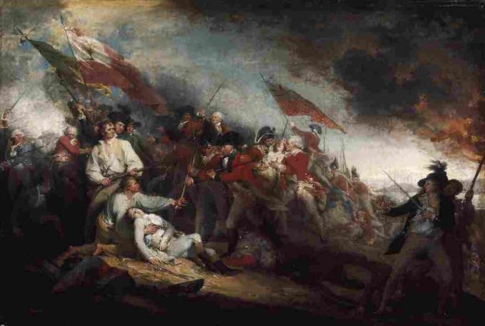 A morte do general Warren na batalha de Bunker Hill, em 17 de junho de 1775, pintada por John Trumbull.