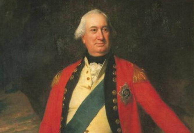 O tenente-general Lord Charles Cornwallis está em um uniforme vermelho do exército britânico.