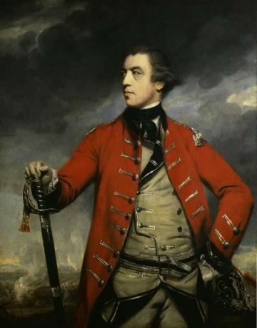 John Burgoyne em um uniforme vermelho do exército britânico.