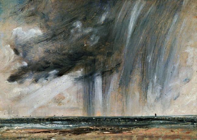 Tempestade sobre o mar, estudo da paisagem marítima com nuvens de chuva, ca 1824-1828, de John Constable (1776-1837), óleo sobre papel colocado sobre tela, 22,2 x 31 cm