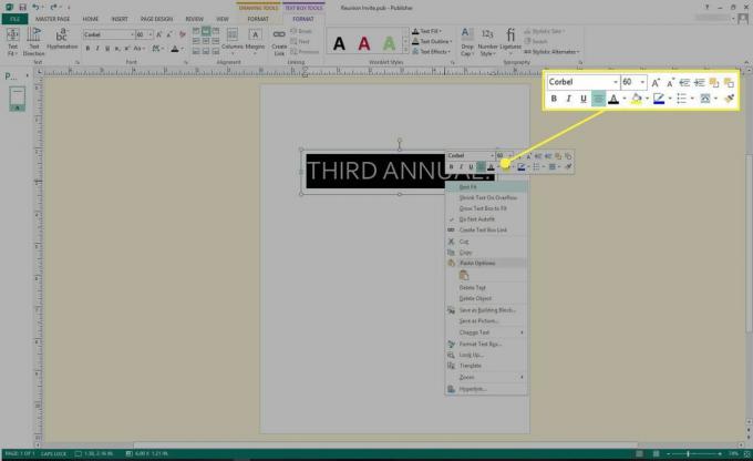 Uma captura de tela do Microsoft Publisher com as ferramentas de formatação de texto destacadas