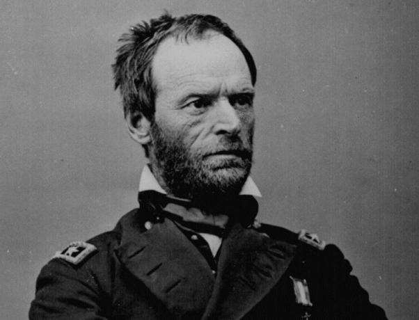 Major-General William T. Sherman sentado em um uniforme azul do exército da União.