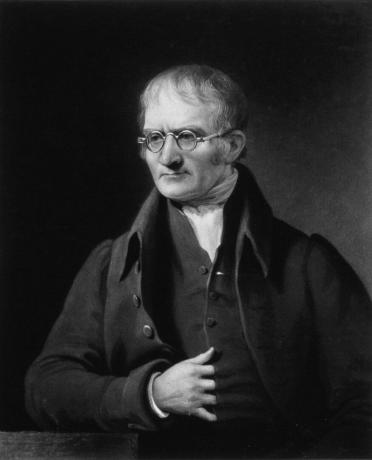 Imagem em preto e branco de John Dalton, físico e químico britânico.