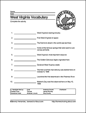 Planilha de vocabulário da Virgínia Ocidental.
