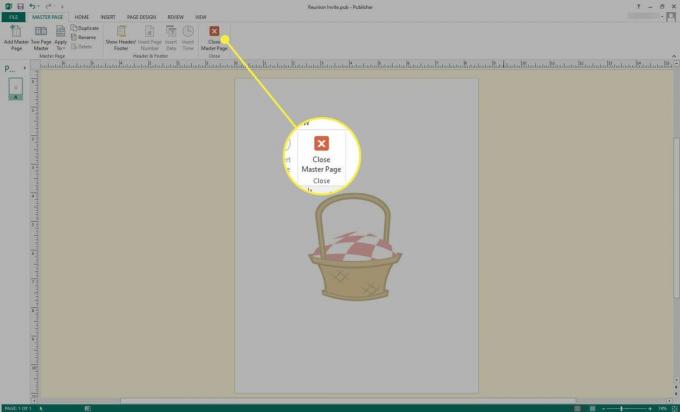 Uma captura de tela do Microsoft Publisher com o botão Fechar página-mestre destacado