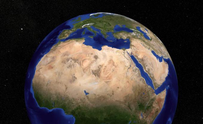 Rendição 3D do deserto do Saara do espaço.