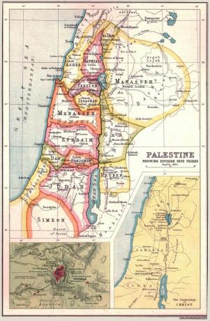 Mapa da Palestina, mostrando os territórios das Doze Tribos de Israel com inserções de Jerusalém e os 