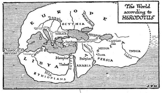 Mapa mostrando a visão de Heródoto do mundo antigo