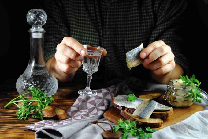 Refeição russa de arenque em conserva e vodka