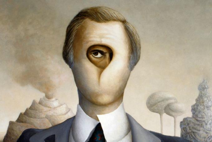 Pintura surrealista de um homem com um olho visível atrás de uma máscara.
