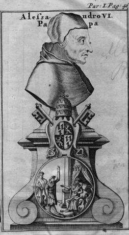 Portriat ilustrado de Alexander VI em um pedestal.