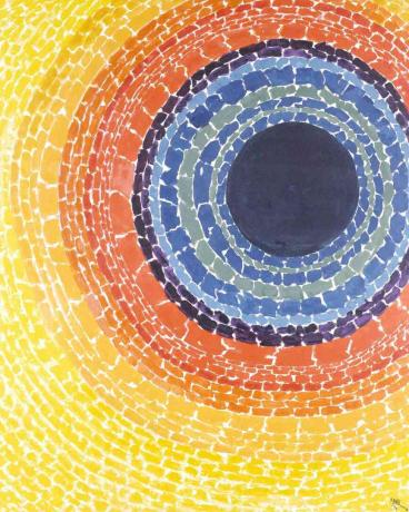 Abstração de círculo concêntrico com camadas externas amarelas, círculos internos laranja, roxo e azul
