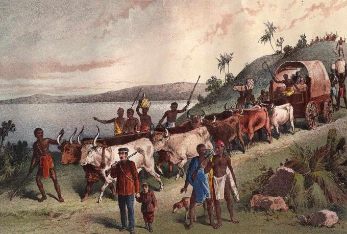 por volta de 1855: A chegada do explorador britânico, David Livingstone e a festa no Lago Ngami.