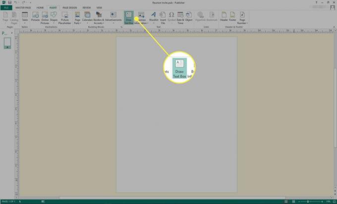 Uma captura de tela do Microsoft Publisher com o comando Desenhar caixa de texto destacado