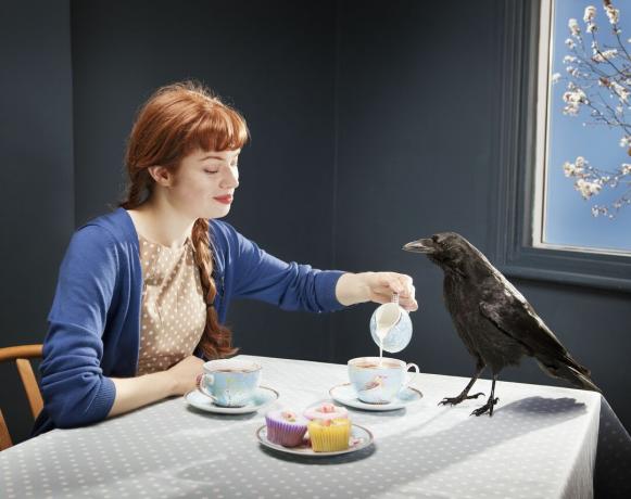 mulher servindo chá de corvo