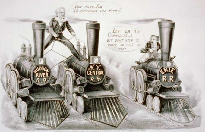 Ilustração de Cornelius Vanderbilt e Jim Fisk competindo pelo controle de ferrovias.