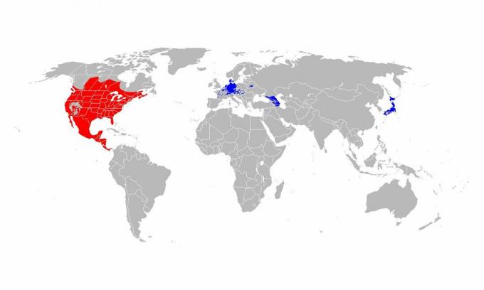 Gama natural de guaxinim (vermelho) e gama introduzida (azul).