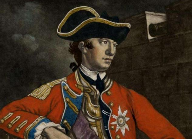 General William Howe em um uniforme vermelho do exército britânico.