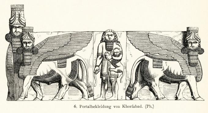 estátuas do batente do portal de Dur-Sharrukin, Palácio de Sargon, Khorsabad, Iraque