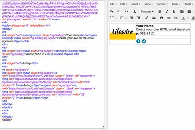 Uma assinatura HTML (direita) com código HTML (esquerda)
