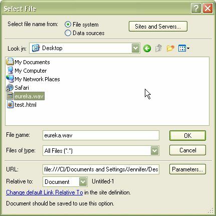 Captura de tela de como pesquisar o arquivo de som Dreamweaver