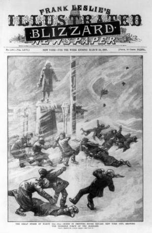 The Great Blizzard, como retratado na capa de uma revista ilustrada em março de 1888.